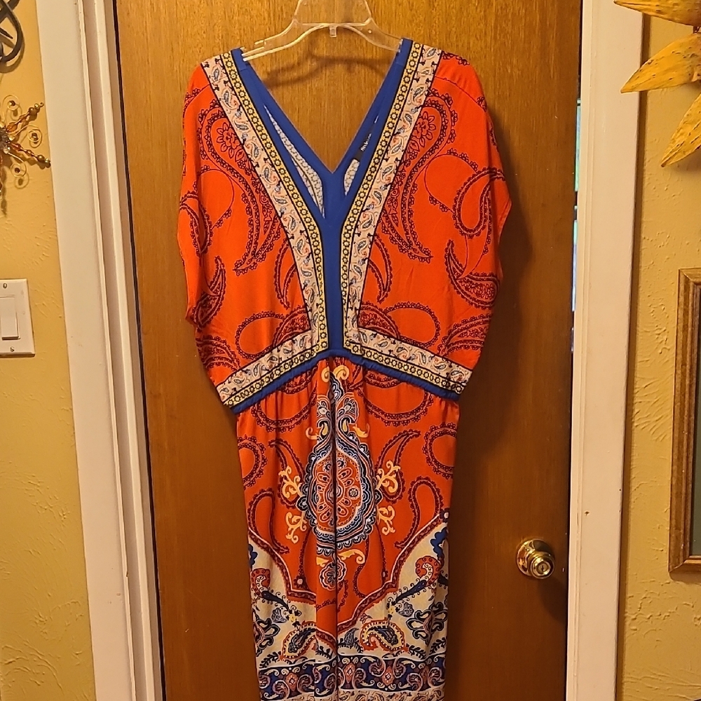 Style & Co. Orange and Blue Paisley V-Neck Maxi Dress